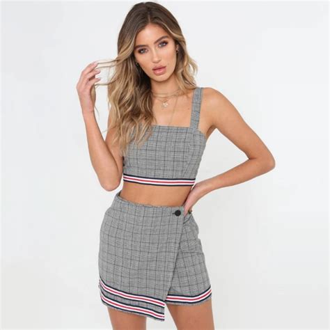Buy Sleeveless Plaid Summer Women Sets Sexy Crop Tops Skirt 2 Pcs Sets Female