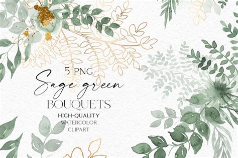 Watercolor Greenery Clipart Sage Green Bouquet Png Gold And Green L