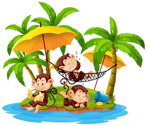 Isolated Island With Little Monkeys Cartoon Character Stock Vector