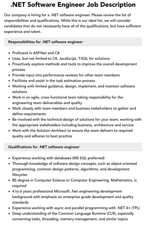.NET Software Engineer Job Description | Velvet Jobs