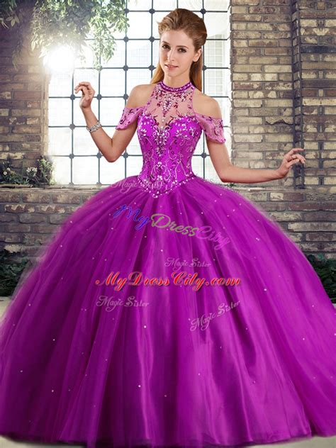 Hot Selling Purple 15th Birthday Dress Halter Top Sleeveless Brush