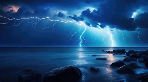 Premium Ai Image Spectacular Lightning Storm Over The Ocean At Night