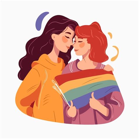 Premium Vector A Portrait Of Lesbian Couple With A Rainbow Flag The