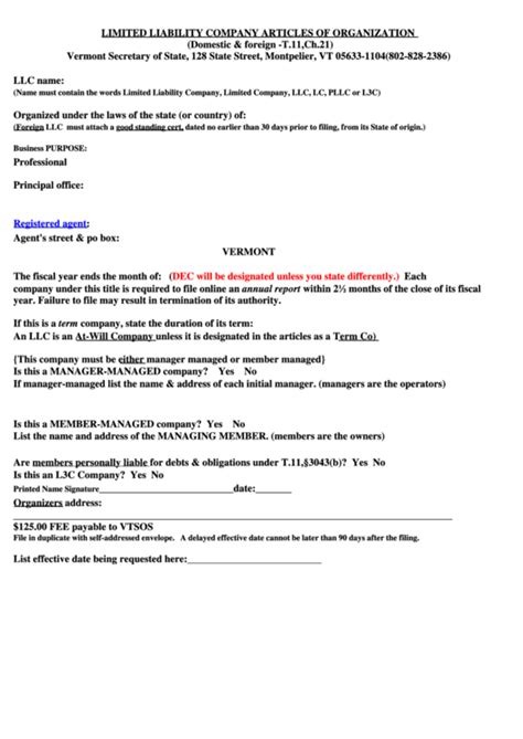 Fillable Limited Liability Company Articles Of Organization Printable
