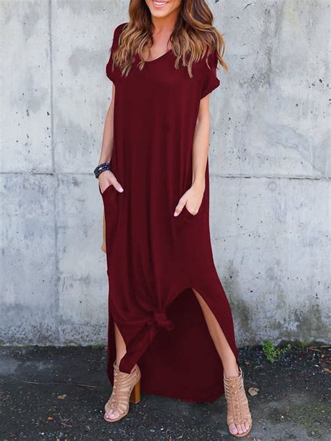 Casual Solid Slit Short Sleeve Crew Neck Maxi Dress Noracora