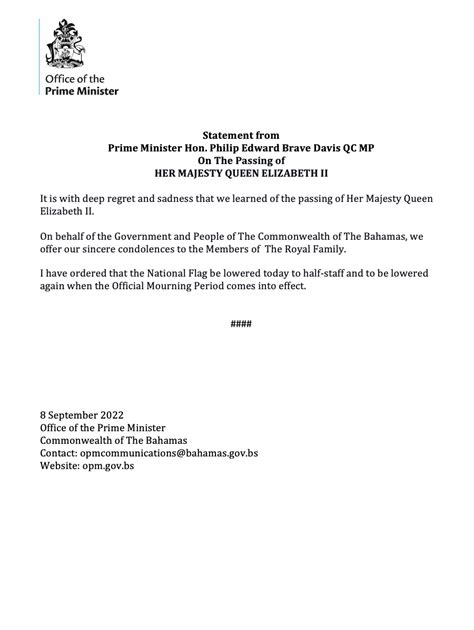 Statement From Prime Minister Hon Philip Edward Brave Davis Qc Mp On