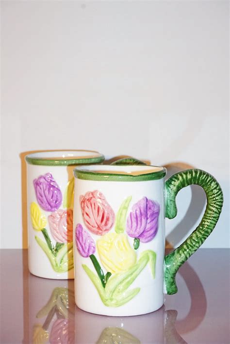 Vintage Hand Painted Floral Tulip Coffee Or Tea Cups Colorful Etsy