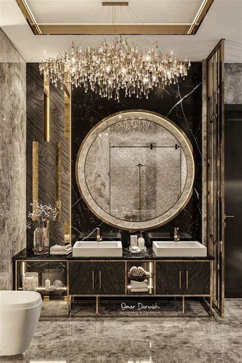 A Bathroom With A Chandelier Hanging From The Ceiling And Two Sinks In