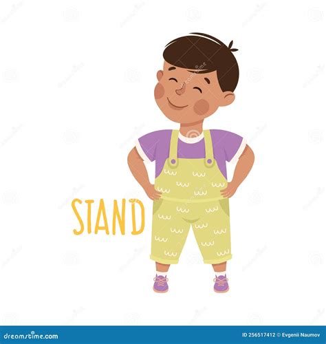 Little Boy Standing And Smiling Demonstrating Vocabulary And Verb