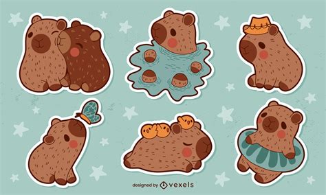 Cute Capybara Sticker Set Vector Download