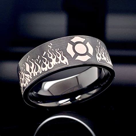 Tungsten Ring Firefighters Ring Mens Wedding Ring Black Etsy