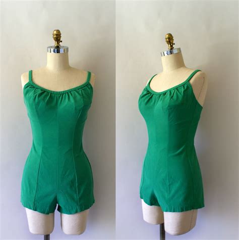 1950s Vintage Bathing Suit Kelly Green Stretch Swim Suit From