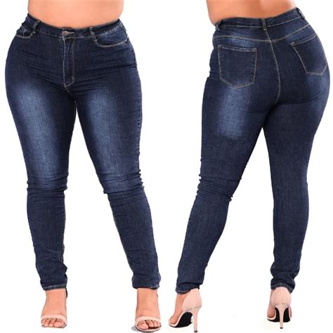 Plus Size Jeans Women High Waist Skinny Pencil Blue Denim Pants Women