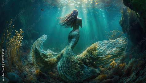 Beautiful Mermaid Swimming Under Water With Light Shine Trough Water