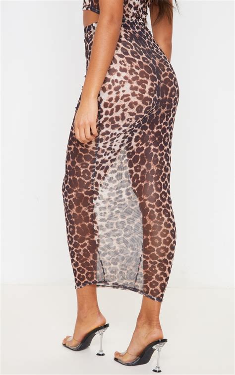 Brown Leopard Print Mesh Midaxi Skirt Prettylittlething