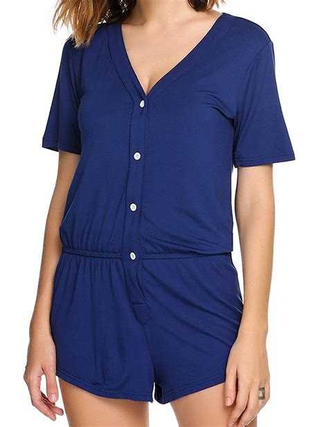 Womens Short Sleeves Romper Pajamas V Neck Loungewear Comfort Jumpsuit Sleepwear Navy Blue