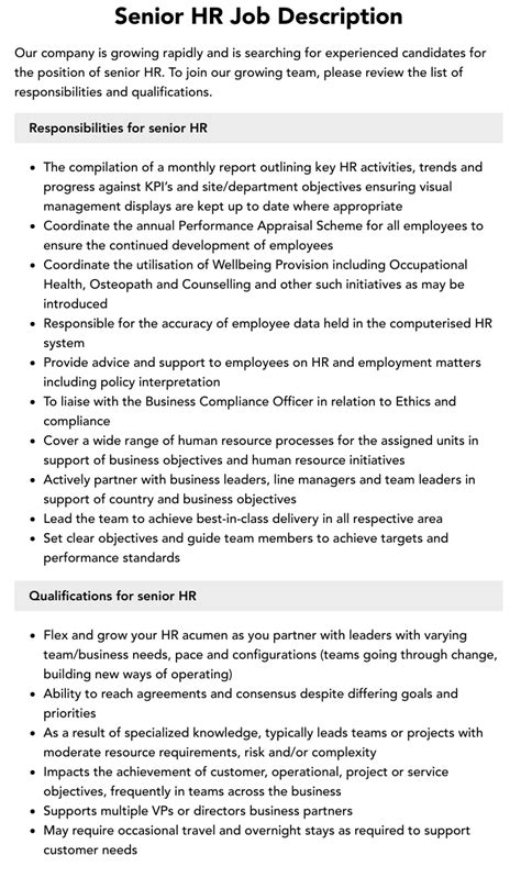 senior hr job description velvet jobs