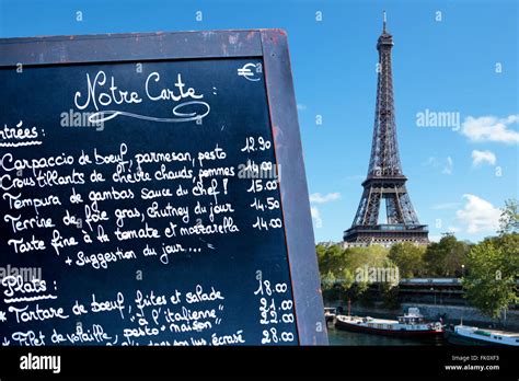Paris France French Restaurant Menu Board With Eiffel Tower In The