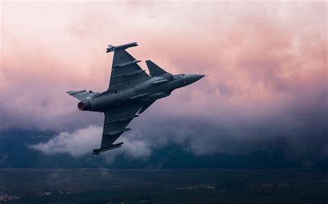 Download Wallpapers Saab Jas 39 Gripen Night Sky Swedish Fighter