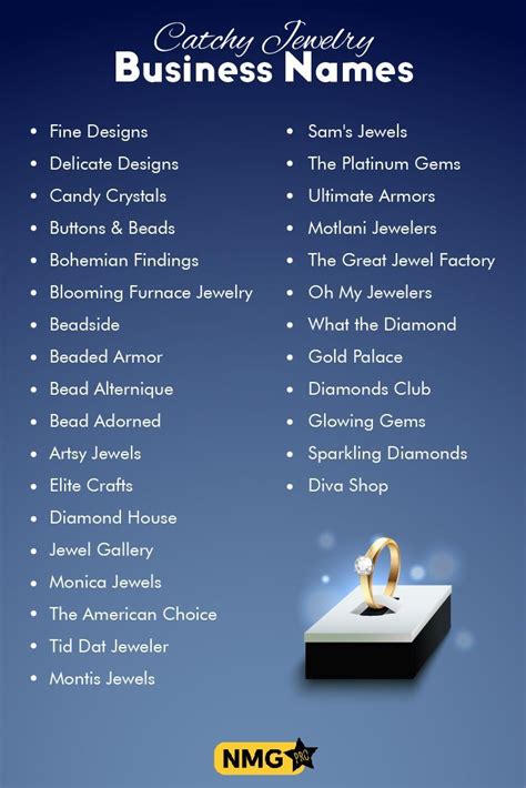 An Advertisement For Jewelry Business Names On A Blue Background With