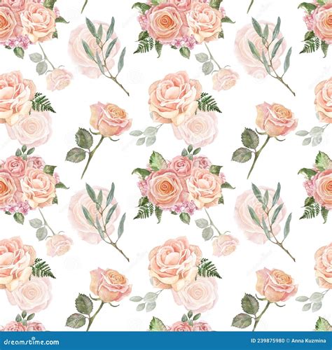 Watercolor Nude Garden Flowers Seamless Pattern Hand Drawn Blush Pink Roses Eucalyptus Leaves