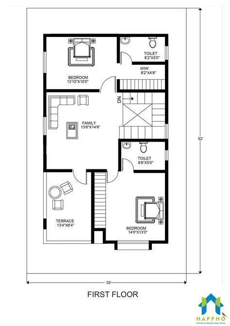 This 24x30 home has 1,318 square feet of total living space, including the upstairs loft and storage space. Floor Plan for 30 X 50 Feet Plot | 3-BHK (1500 Square Feet ...