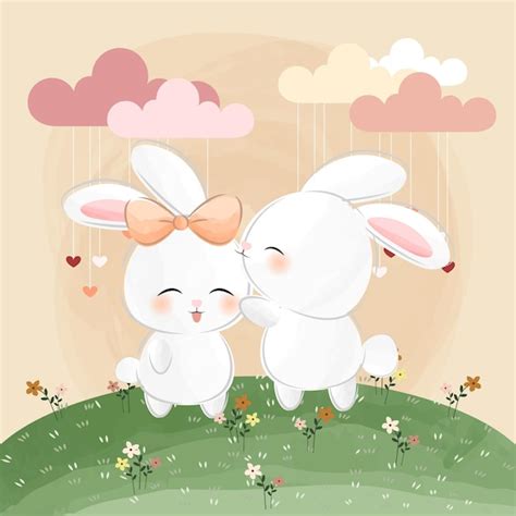 Premium Vector Cute Little Bunnies Flowers And Love