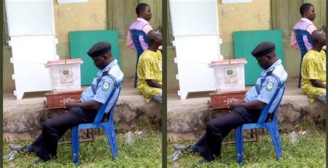 Ekiti Decides 2018 Policeman Spotted Sleeping While Watching Over Ballot Box Photos