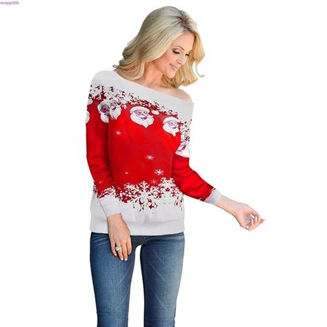 Discount Women Casual Ugly Sweater Christmas Sweater Santa Claus Printed Loose Sexy Snowflake