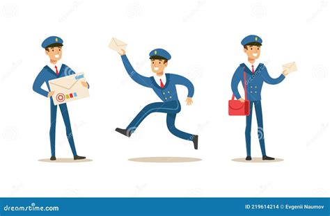 Postman Delivering Correspondence Set Mailman Character In Uniform