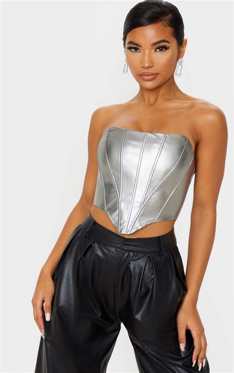 Silver Metallic Pu Curved Hem Cropped Corset Prettylittlething
