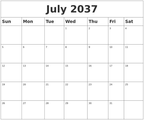 July 2037 Blank Calendar
