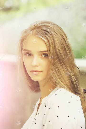 blonde cute girl on sunny day stock image image of blurred white 139281065
