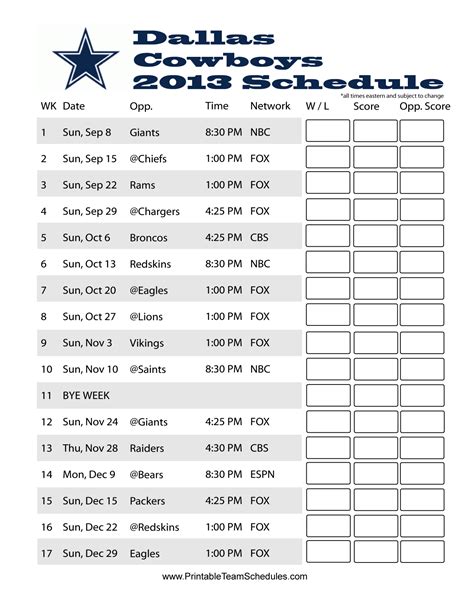 Free Printable Dallas Cowboys Schedule
