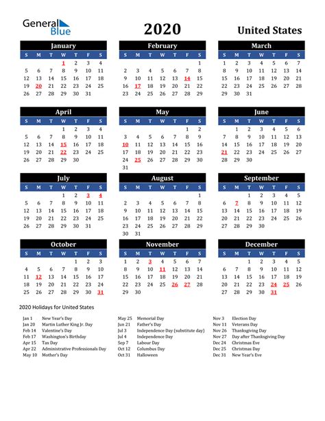 2020 United States Calendar With Holidays