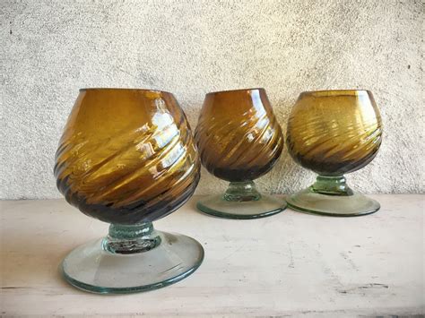 three vintage amber glass goblets or chalices for red wine mexican blown glass southwestern decor