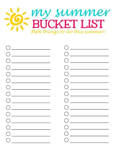 50 Fun Things To Do Blank Summer Bucket List Template Download