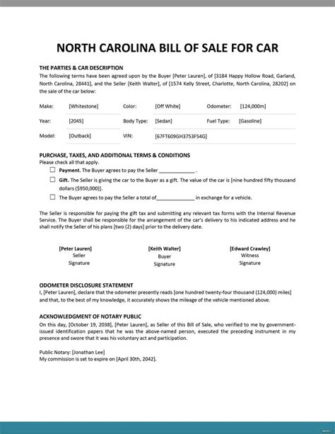 North Carolina Motor Vehicle Bill Of Sale