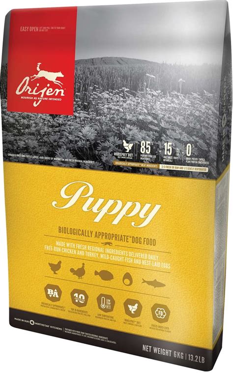 Metabolizable energy is 4000 kcal/kg (520 kcal per 250ml/120g cup) with calories distributed to support peak conditioning; Orijen Dog Puppy 6 kg | Vetapotek