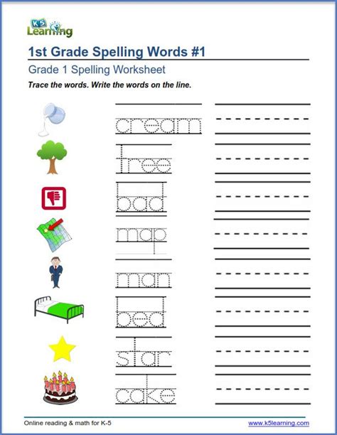 Grade 1 Spelling Worksheets Trace And Write Words K5 Learning