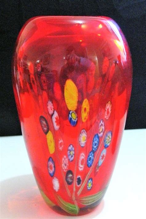 Heavy Red Multi Colored Millefiori Art Glass Vase Murano Ebay