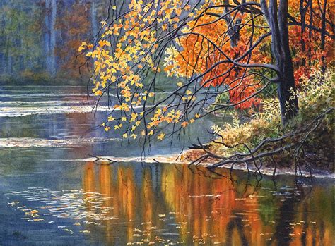 Autumn Lake Watercolor Painting Print By Cathy Hillegas X Etsy Uk