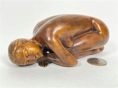 Fine Carved Wood Sculpture Of Crouching Nude Woman 5 5W X 2 25D X 2H