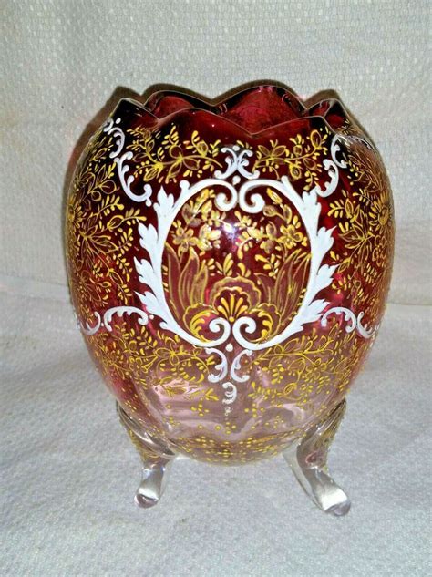 Moser Glass Cranberry Enameled Footed Vase 5 5 Antique Moser Victorian Hand Blown Glass