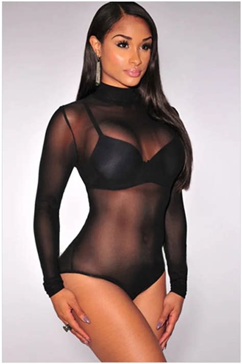 Sexy Mesh Sheer Turtleneck Bodysuit Leotard Top Women Jumpsuit One Piece Overall Body Top In