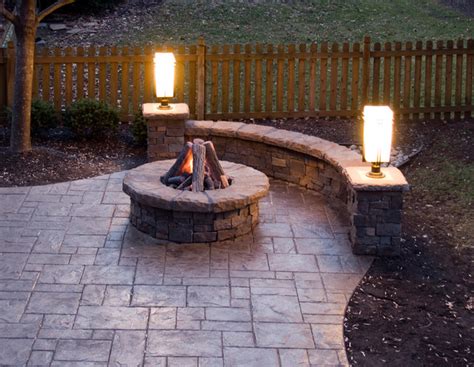 Stamped Concrete Patio Gas Fire Pit Stone Walls And