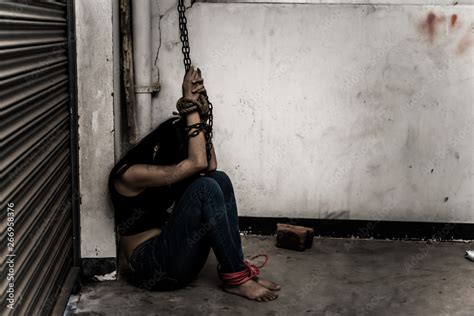 Asian Hostage Woman Bound With Rope At Night Scene The Thieves Kidnapped For Ransom Thailand