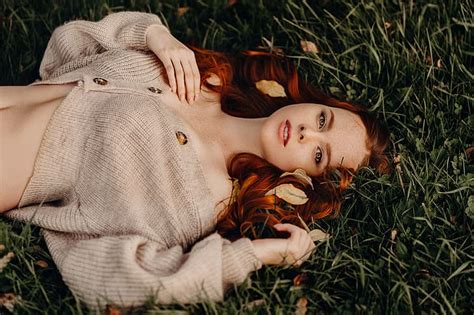 Grass Look Girl Face Pose Red Jacket Redhead Natalia Andreeva By Альбина Пономарёва Hd