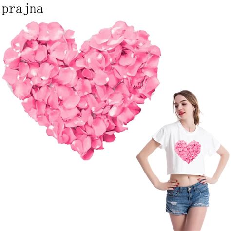 Prajna Pink Rose Flower Heart Patch Iron On Heat Transfers For Clothes