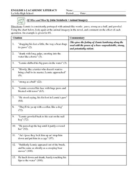 Of Mice And Men Worksheets And Activities